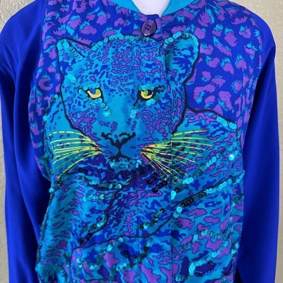 Diane Gilman Women's S Maximalist Silk Bomber Jacket Leopard Vibrant Blue Sequin - Picture 3 of 6